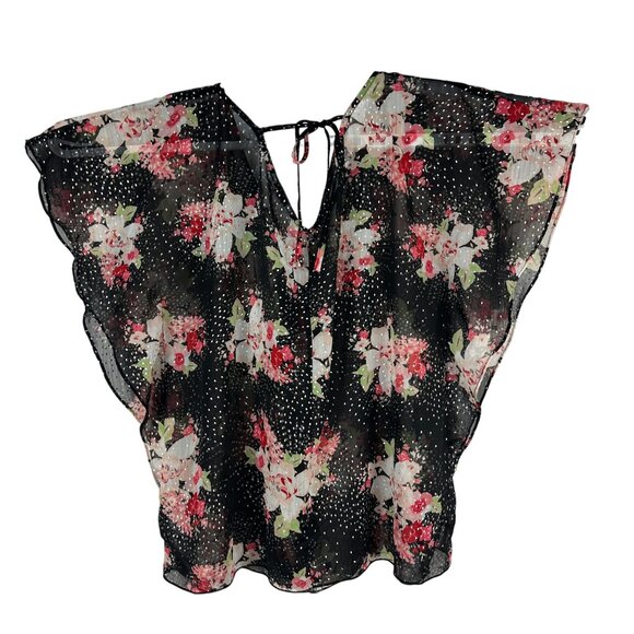 Candies Womens Large Flutter Sleeve Sheer Floral Blouse Black Pink Tie Back - Picture 4 of 7